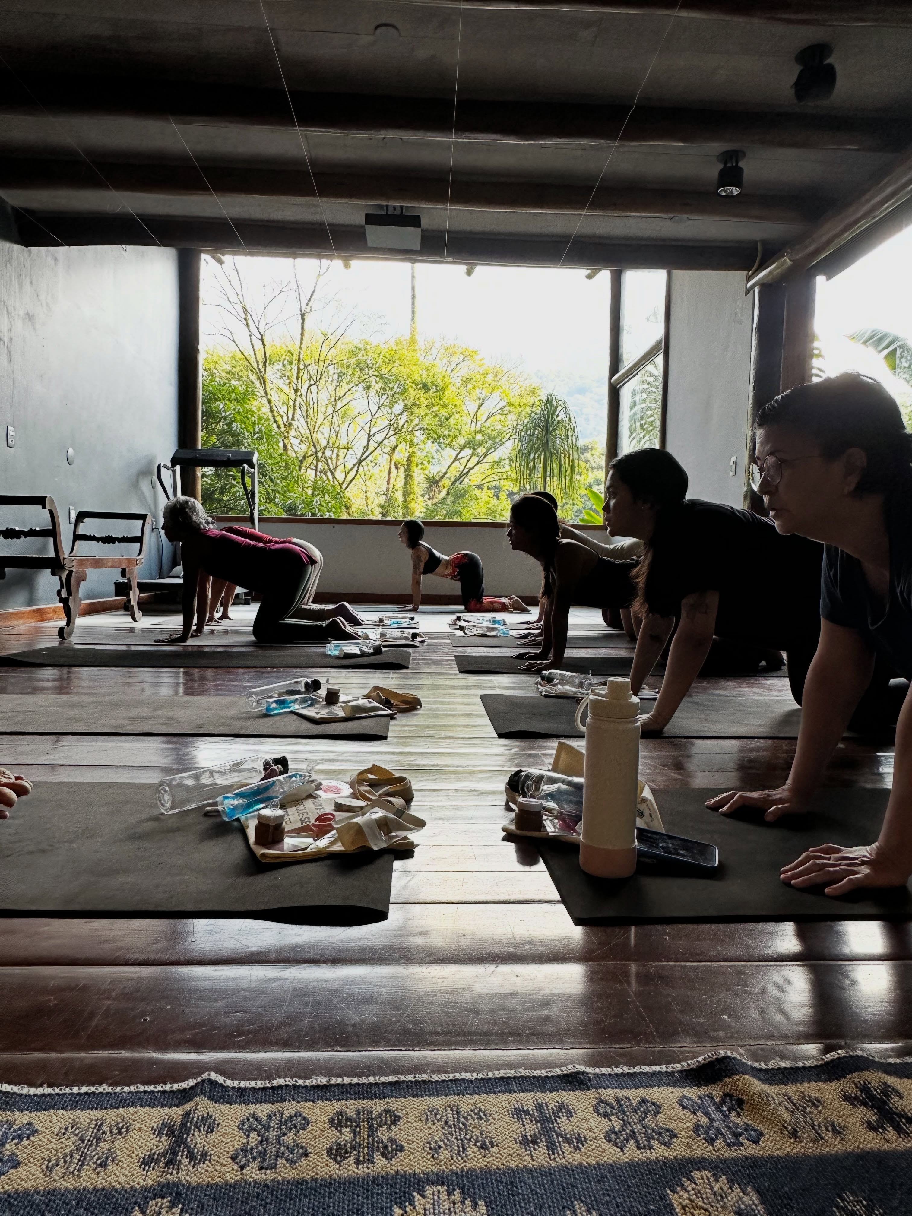 Participantes em uma prática de yoga no salão iluminado pela luz natural